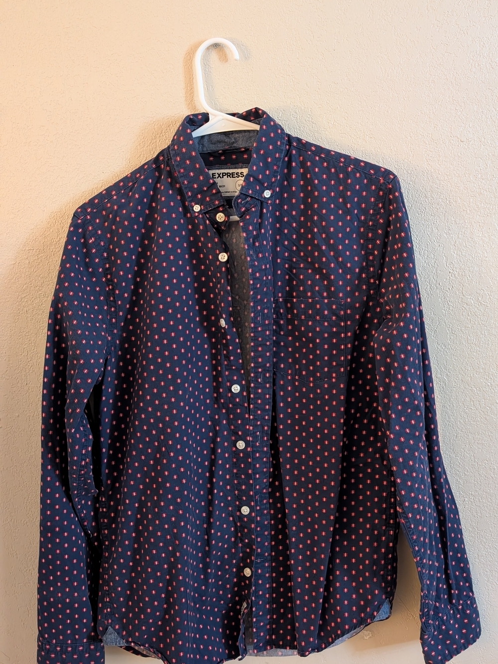 Express Men's Navy Button-Down Shirt with Red Dot Pattern